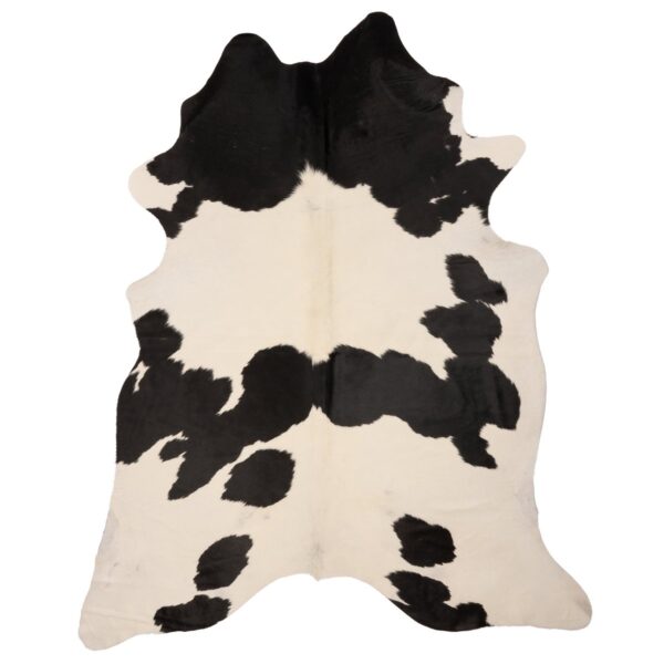 Description : Un tapis XL en peau de vache noir et blanc sur un fond blanc.