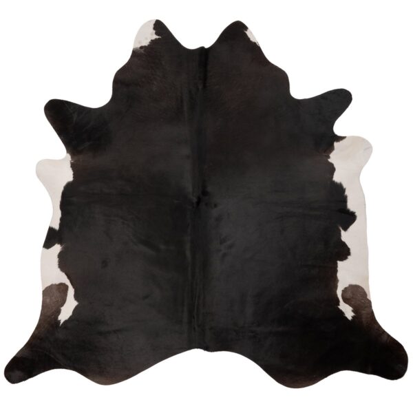 Un Tapis peau de vache noir noble avec bords blancs | 210x180 cm sur un fond blanc.