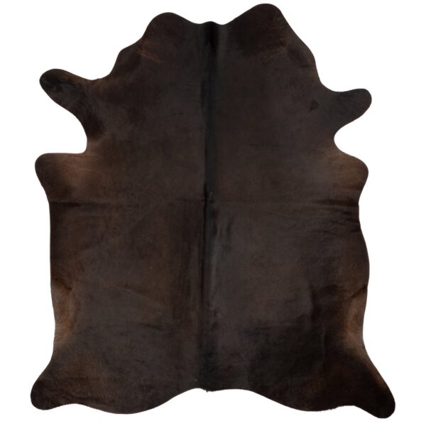 Un Tapis peau de vache marron ébène | 210x180 cm sur fond blanc.
