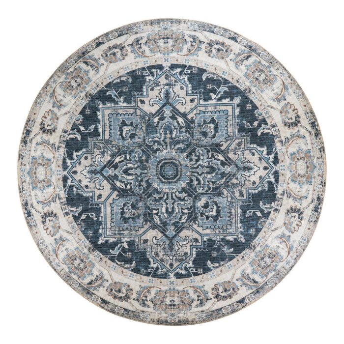 Un Tapis rond ethnique bleu et beige avec un motif ethnique orné, mesurant Ø200 cm.