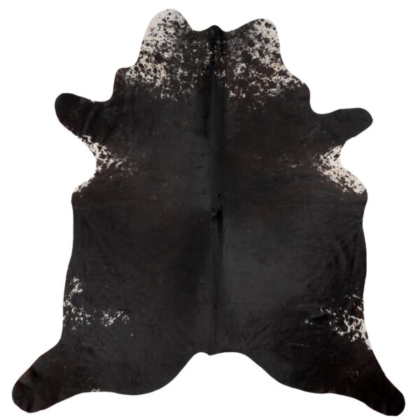 Un Tapis peau de vache naturelle noir | 180x160 cm sur un fond blanc.