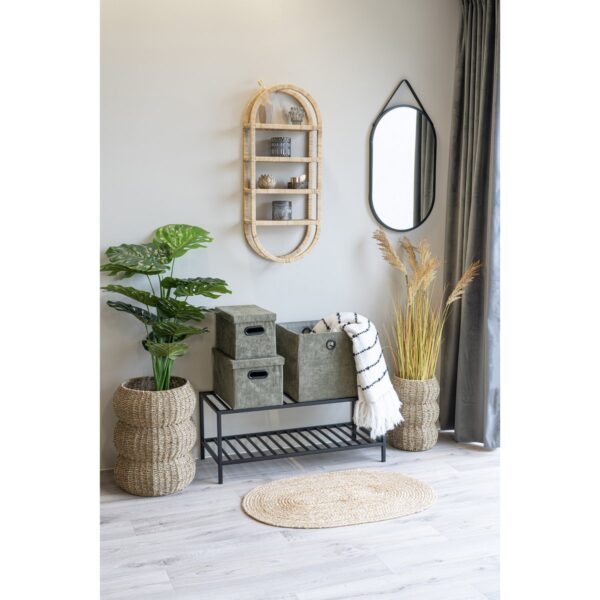 Une pièce avec un miroir, des paniers en jute et un Tapis ovale en jute | Plantes de 80x50cm.