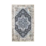 Un tapis salon poil ras | 230x160 cm bleu et gris avec un motif fleuri.