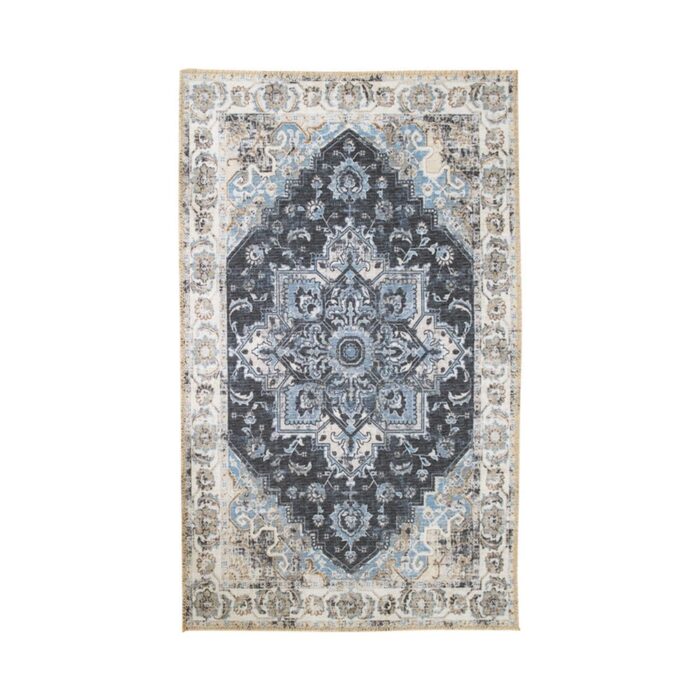 Un tapis salon poil ras | 230x160 cm bleu et gris avec un motif fleuri.