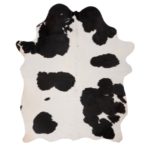 Un Tapis en peau de vache naturel noir et blanc | 180x160 cm sur un fond blanc.