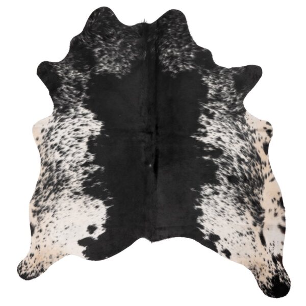 Un tapis Tapis peau de vache unique noir et blanc | 180x160 cm sur un fond blanc.