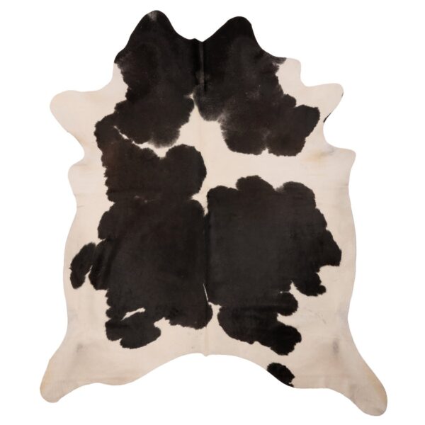 Tapis peau de vache, mesurant 210x180 cm, sur fond blanc.