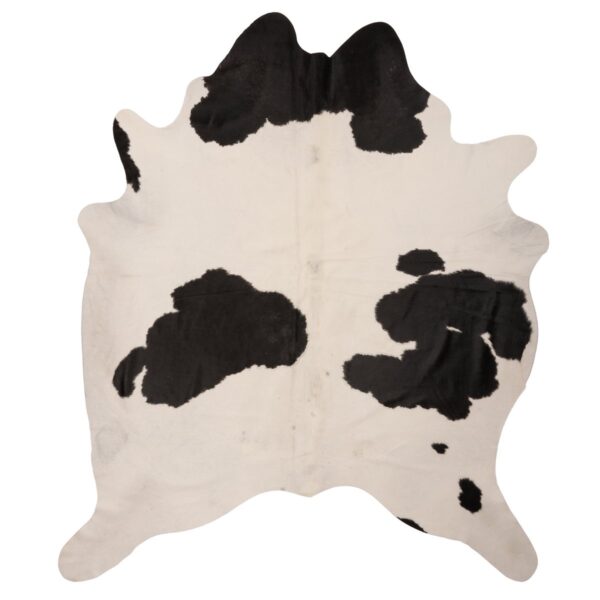 Un Tapis en peau de vache blanc avec les taches noires | 210x180 cm sur un fond blanc.