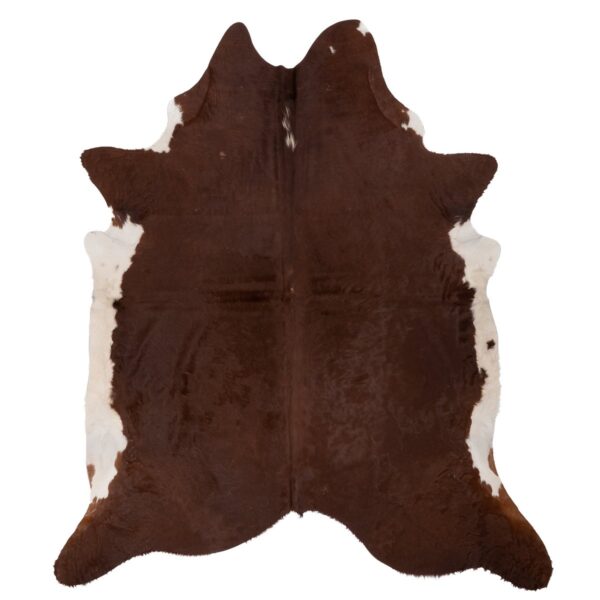 Un tapis peau de vache grande taille | 210x180 cm brun et blanc sur un fond blanc.
