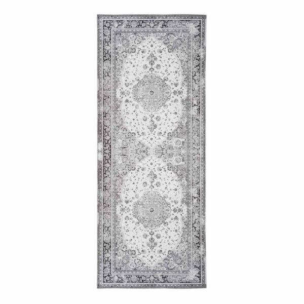 Un tapis couloir noir et blanc gris et blanc au motif fleuri mesurant 200x80 cm.