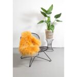 An orange Tapis peau de mouton jaune | Chaise de 100×65 cm devant une plante en pot.