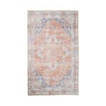 Un tapis rectangulaire vintage de style Tapis orange et bleu avec un design orné.
