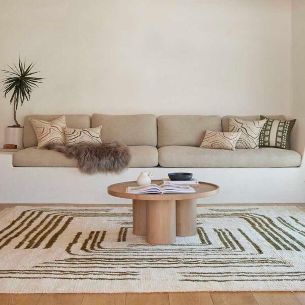 Tapis de salon en laine de couleur blanc avec des lignes vertes