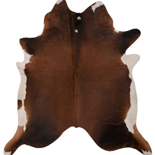 Un tapis peau de vache unique marron | 210x180 cm sur un fond blanc.