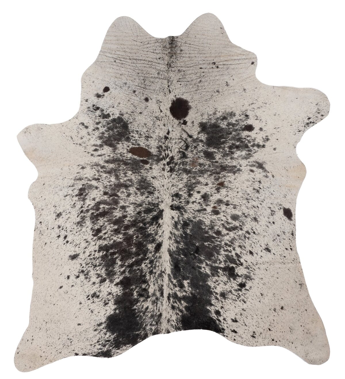 Un Tapis peau de vache unique gris | 180×160 cm noir et blanc sur un fond blanc.