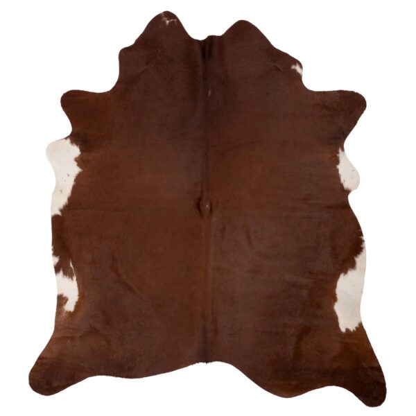 Un Tapis en peau de vache unique brun-blanc | 210x180 cm sur un fond blanc.
