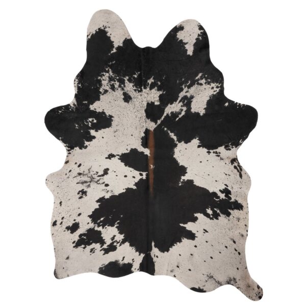 Un tapis peau de vache marron XL | 180x160 cm noir et blanc sur un fond blanc.