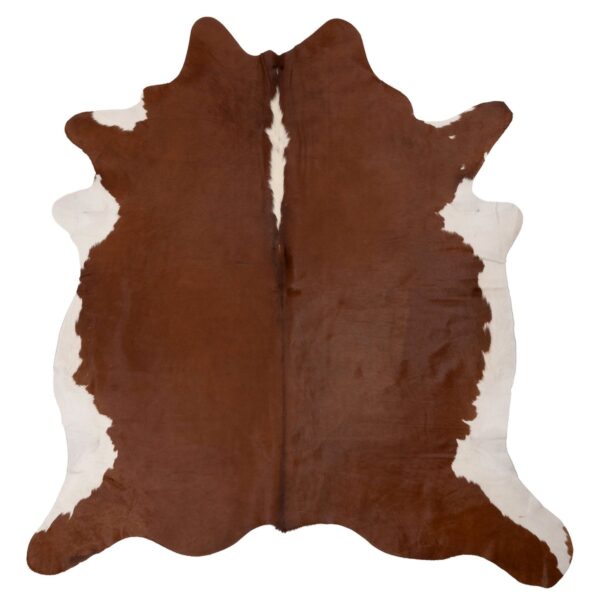 Tapis peau de vache brun-blanc | 210x180 cm en peau de vache sur un fond blanc.
