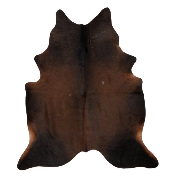 Un Tapis peau de vache authentique brun foncé sur un fond blanc | 210x180cm.