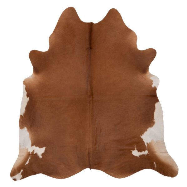 Un Tapis en peau de vache unique brun et blanc | 210x180 cm sur un fond blanc.