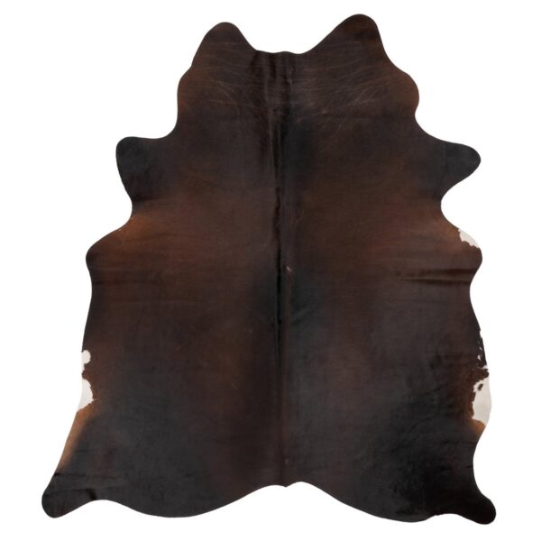 Un tapis Tapis peau de vache couleur brun foncé | 180×160 cm sur un fond blanc.