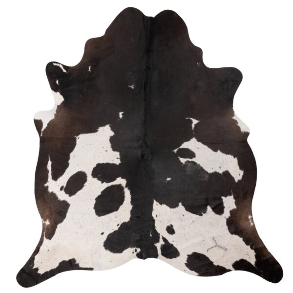 Un tapis Tapis peau de vache unique noir et blanc | 180x160 cm sur un fond blanc.