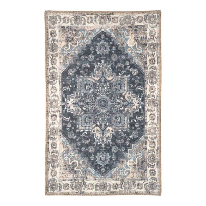 Un tapis d'entrée intérieur original bleu et beige original | 80x50 cm avec un design orné, parfait pour l'intérieur comme tapis d'entrée.