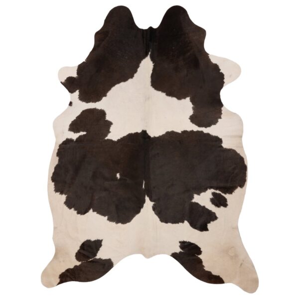 Un tapis peau de vache véritable noir et blanc | 210x180 cm sur un fond blanc.