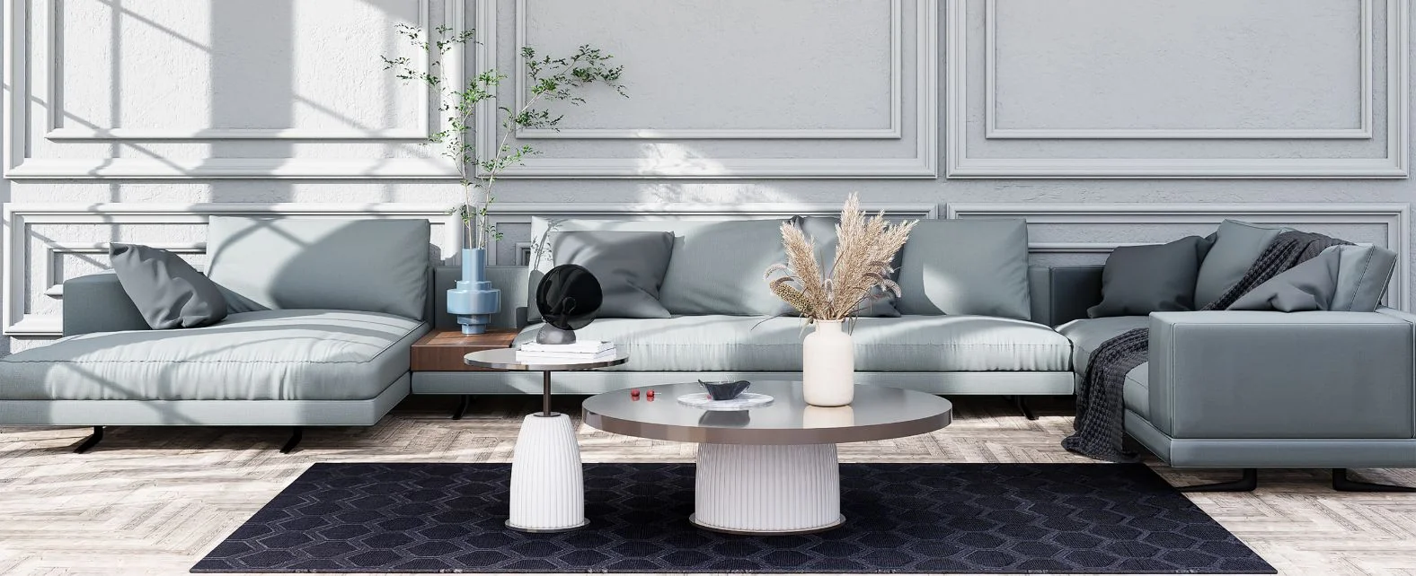 Salon moderne avec un tapis design noir