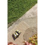 Un tapis jaune et noir sur une zone herbeuse.