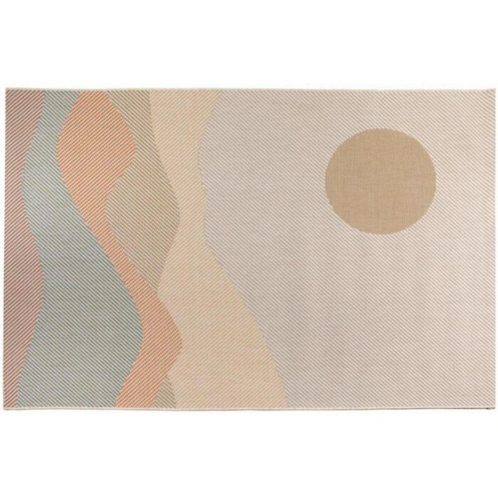 Un tapis au design beige et rose.