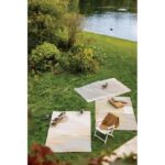Un ensemble de tapis d'extérieur sur une zone herbeuse près d'un étang aux canards.