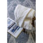 Une couverture blanche est posée à côté d’un livre.