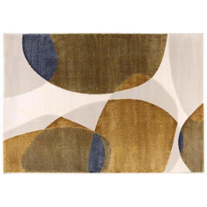 Un tapis abstrait avec des cercles bleus et beiges.