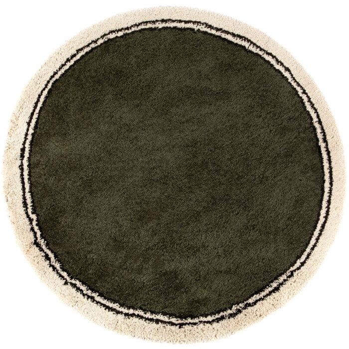 Un tapis rond vert olive avec une bordure blanche.