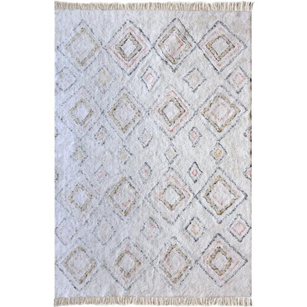 Un tapis blanc et rose avec des diamants.