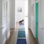 Un chien marche dans un couloir avec un tapis bleu.