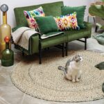 Un chat est assis sur un tapis vert devant un canapé.