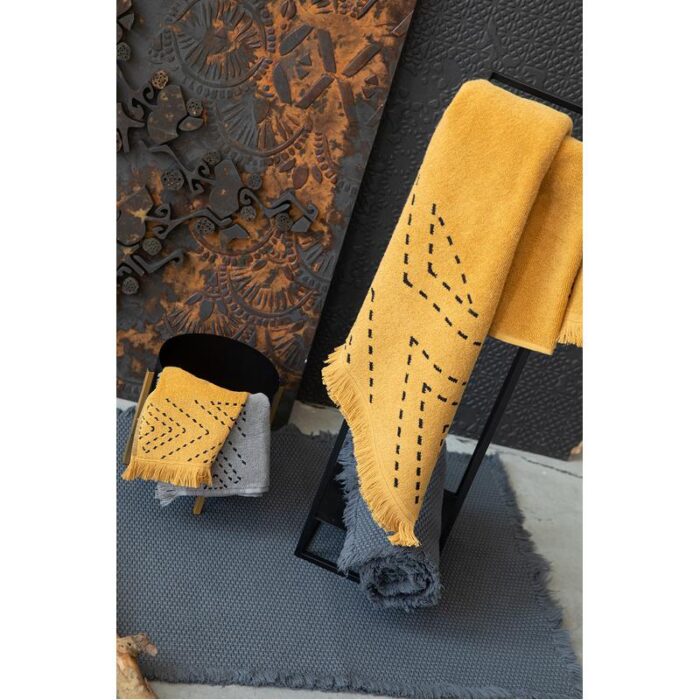 Une serviette jaune et une serviette noire sur une table.