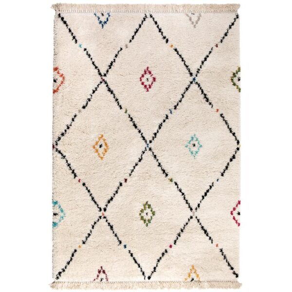 Un tapis blanc avec des diamants colorés.