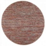 Un tapis rond à rayures rouges et bleues.