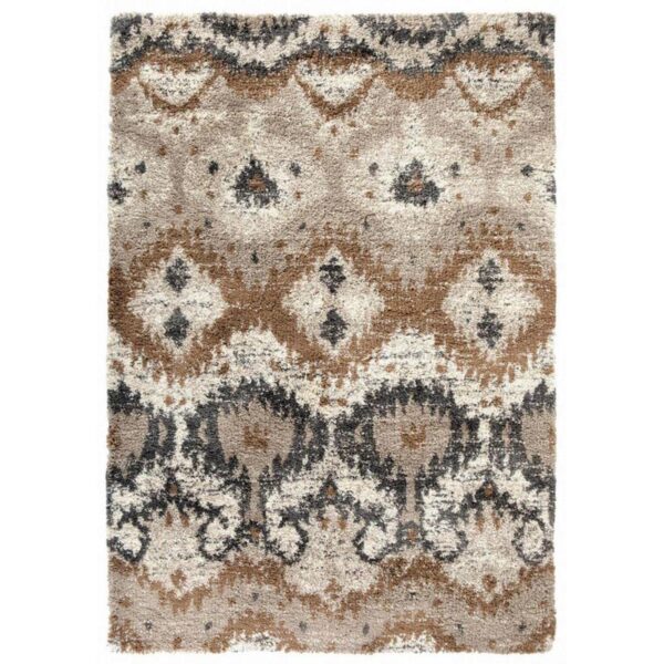 Un tapis au design beige et beige.