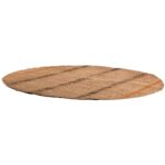 Un tapis rond en jute à rayures noires et marron.