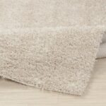 Tapis beige moelleux sur parquet.