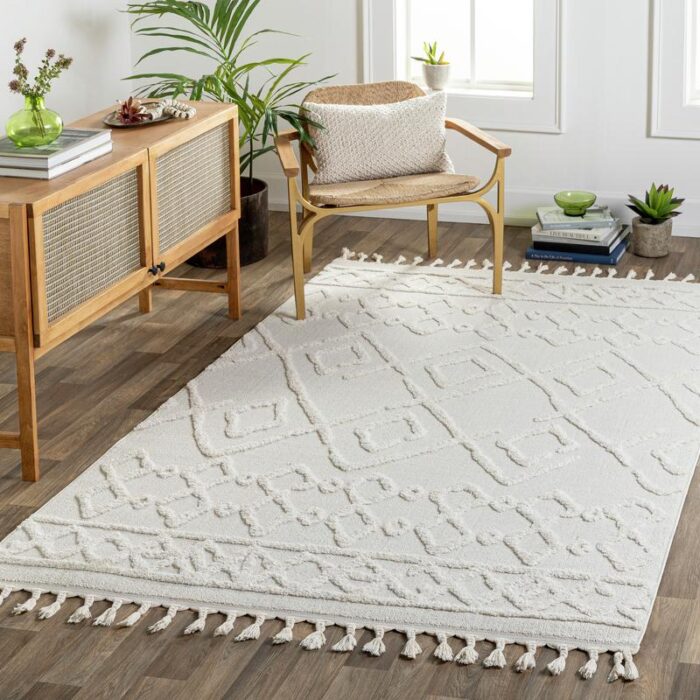 Tapis blanc texturé avec franges dans salon moderne.