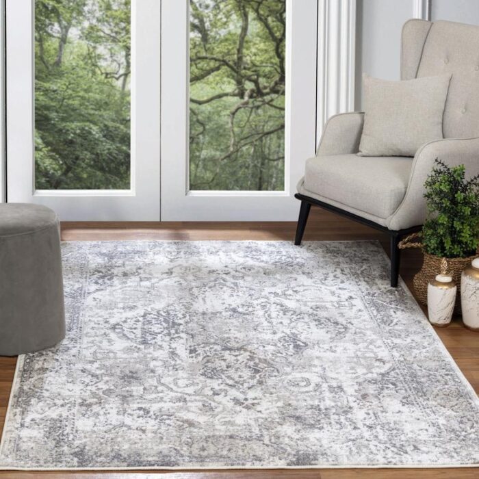 Tapis vintage dans un salon lumineux.