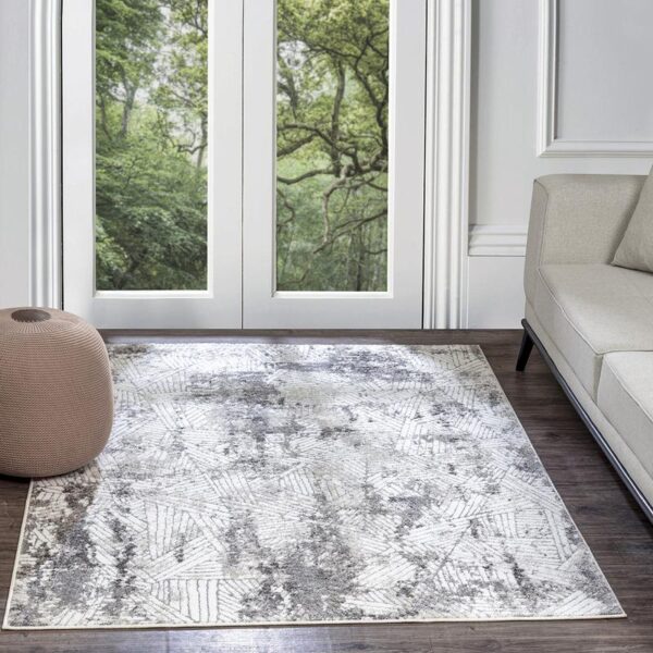 Tapis moderne dans salon épuré avec vue sur forêt.