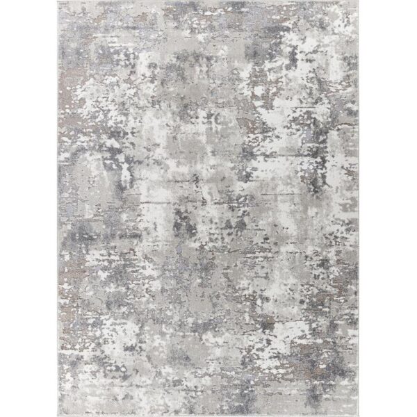 Tapis moderne gris avec motif abstrait texturé.