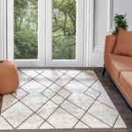 Tapis moderne dans salon lumineux avec vue sur arbres.