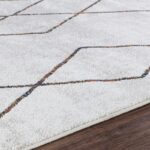 Tapis moderne aux motifs géométriques sur parquet.